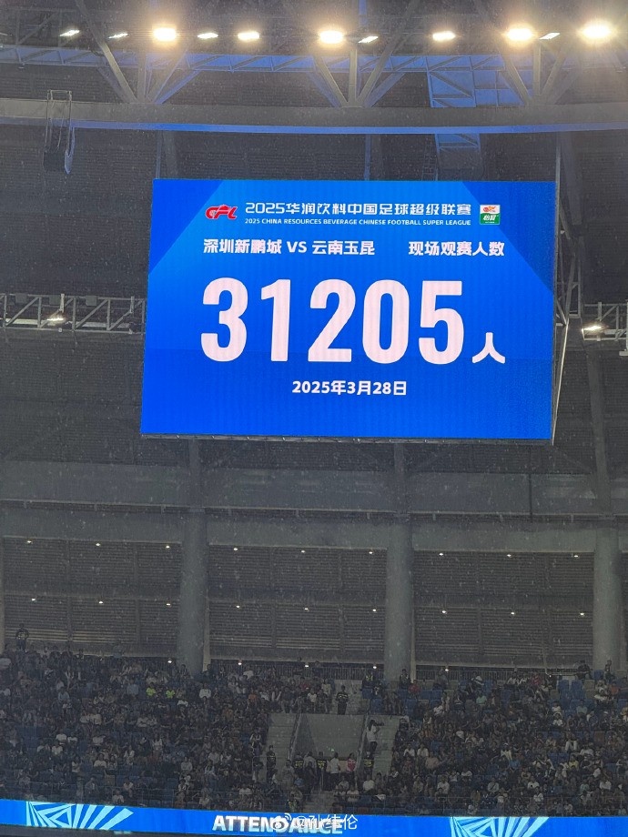 新鵬城新賽季首個(gè)主場(chǎng)現(xiàn)場(chǎng)觀眾31205人，為隊(duì)史最高上座人數(shù)